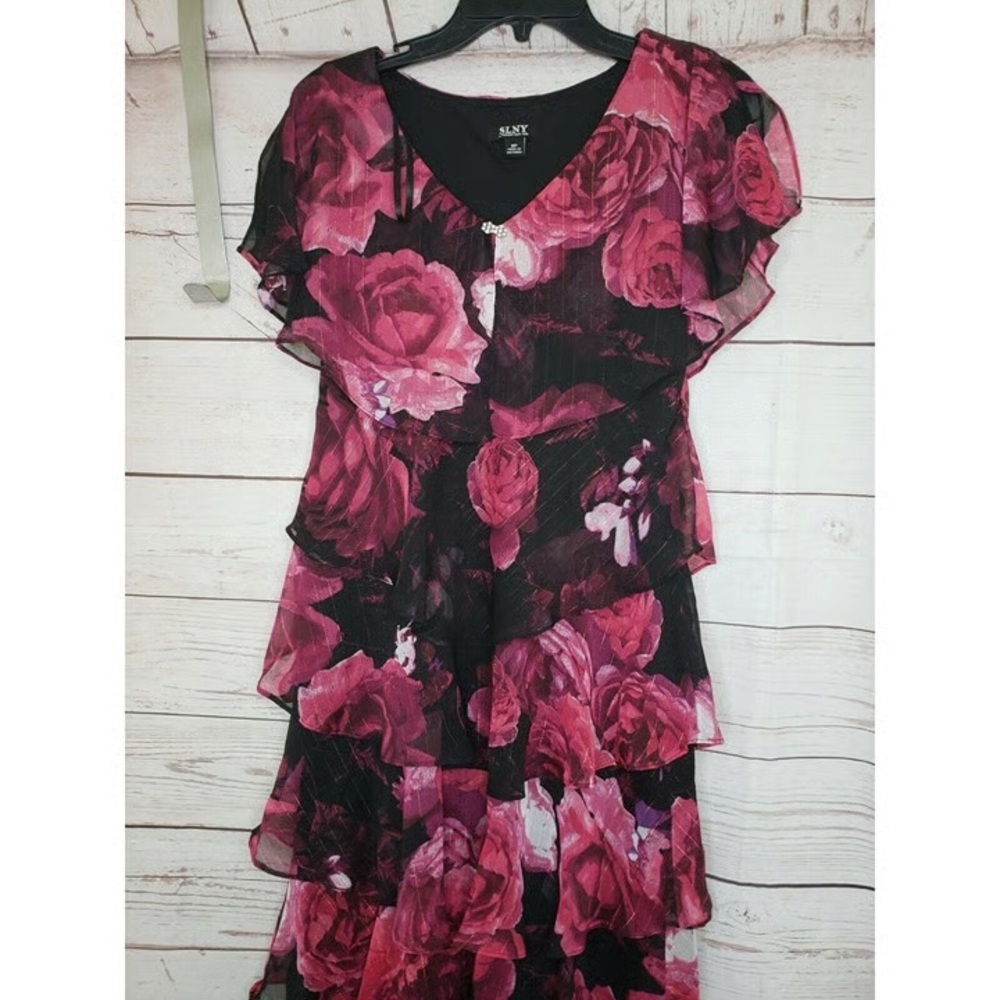 SLNY Black Dress with Pink Floral Design